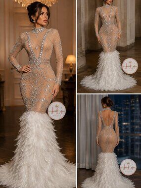 💎Couture Ostrich Feathers Evening Wedding Cocktail Runway Beaded Crystals Dress
